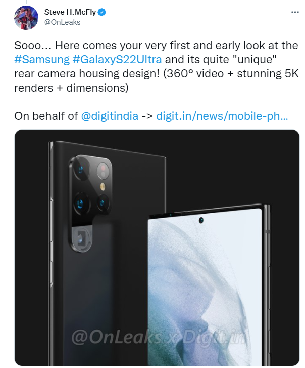 三星 Galaxy S22 Ultra 渲染圖出爐：居中單孔微曲屏，機(jī)身設(shè)計(jì)偏硬朗